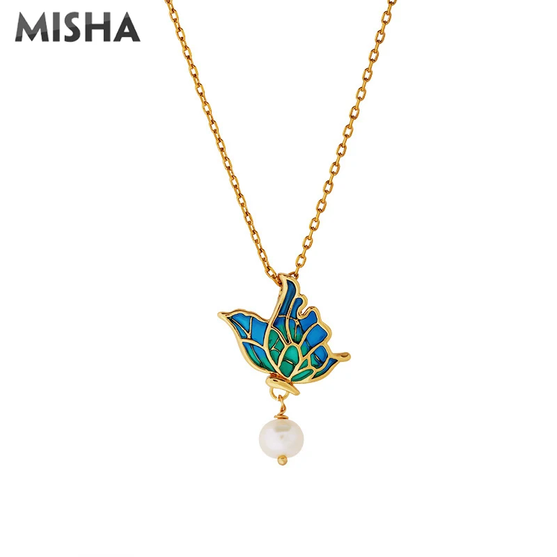 

MISHA Natural Pearl Necklace For Women Enamel Galzed Butterfly Design Charms Pearl Jewelry For Women Ladies Party Wedding Gift