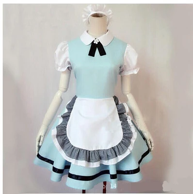 

Женское платье горничной из аниме, голубое платье для косплея, фартук, головной убор