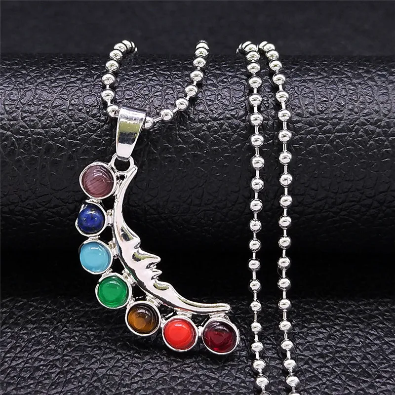 

7 Chakra Stone Yoga Moon Stainless Steel Charm Necklaces Women Silver Color Long Chain Necklace Jewelry bijoux femme NXS04