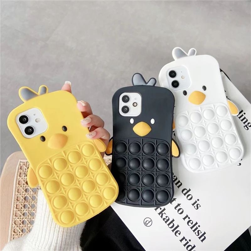 

3D Cute Duck Relive Stress Phone Case For iphone 12Pro 11Pro MAX 7 8 Plus XS MAX X XR Cartoon Fidget Toys Push Bubble Soft Cover