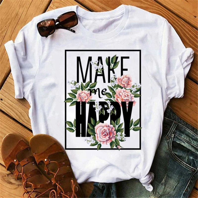 

New Fashion Letter Geometric Flower Top Short Sleeve T-shirt O-Neck Ladies Fashion T-shirt Female T-shirt 32367