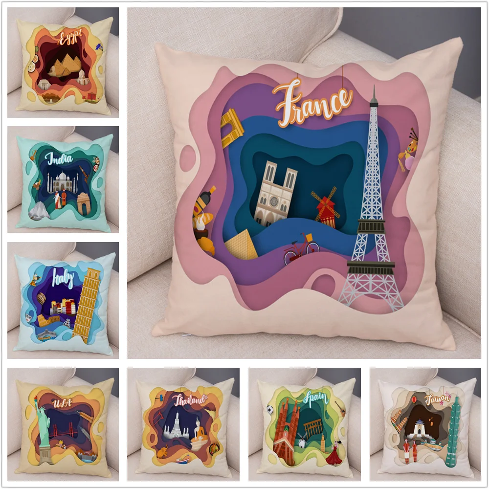 

France Netherlands Japan Egypt Italy Cartoon Cushion Cover Cartoon Pillow Case for Sofa Home Decor Super Soft Plush Pillowcase