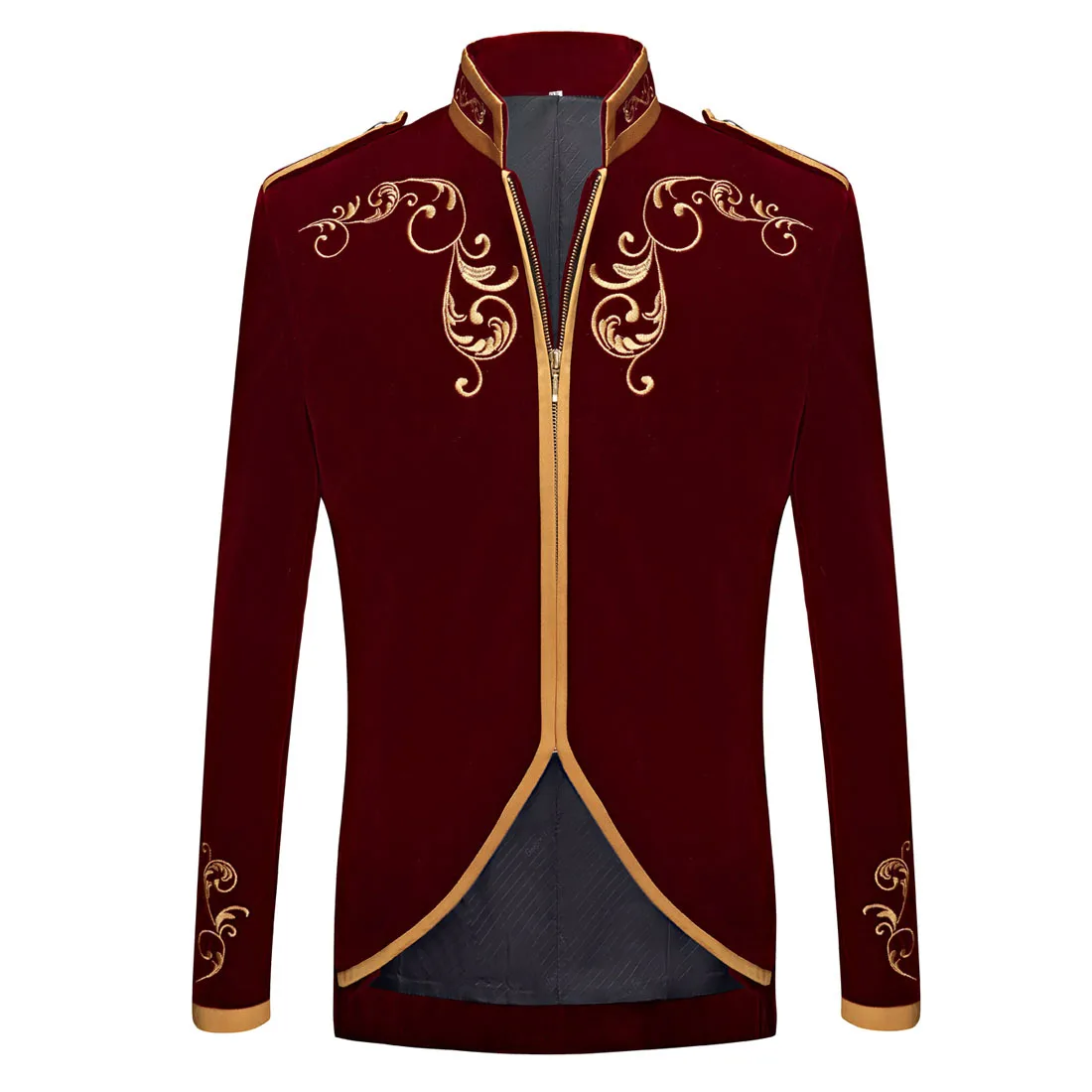 

Wine Red Velvet Mens Blazer Casual Slim Stand Collar Blazers Performance Wedding Men Clothing Vintage Embroidery Homme Costume