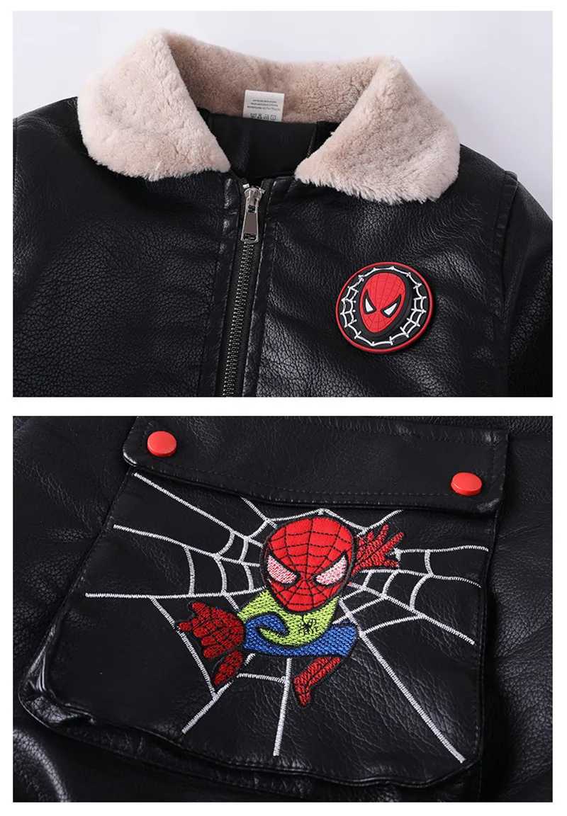 Модная детская кожаная куртка с мехом внутри изображением Человека паука для