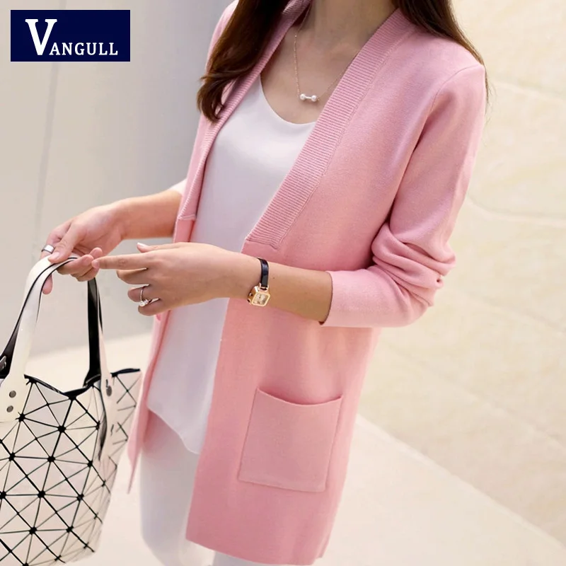 

Autumn Female Sweater Coat Han Edition Long Round Collar Loose Pocket Knit Cardigan Women Sweater Free shipping