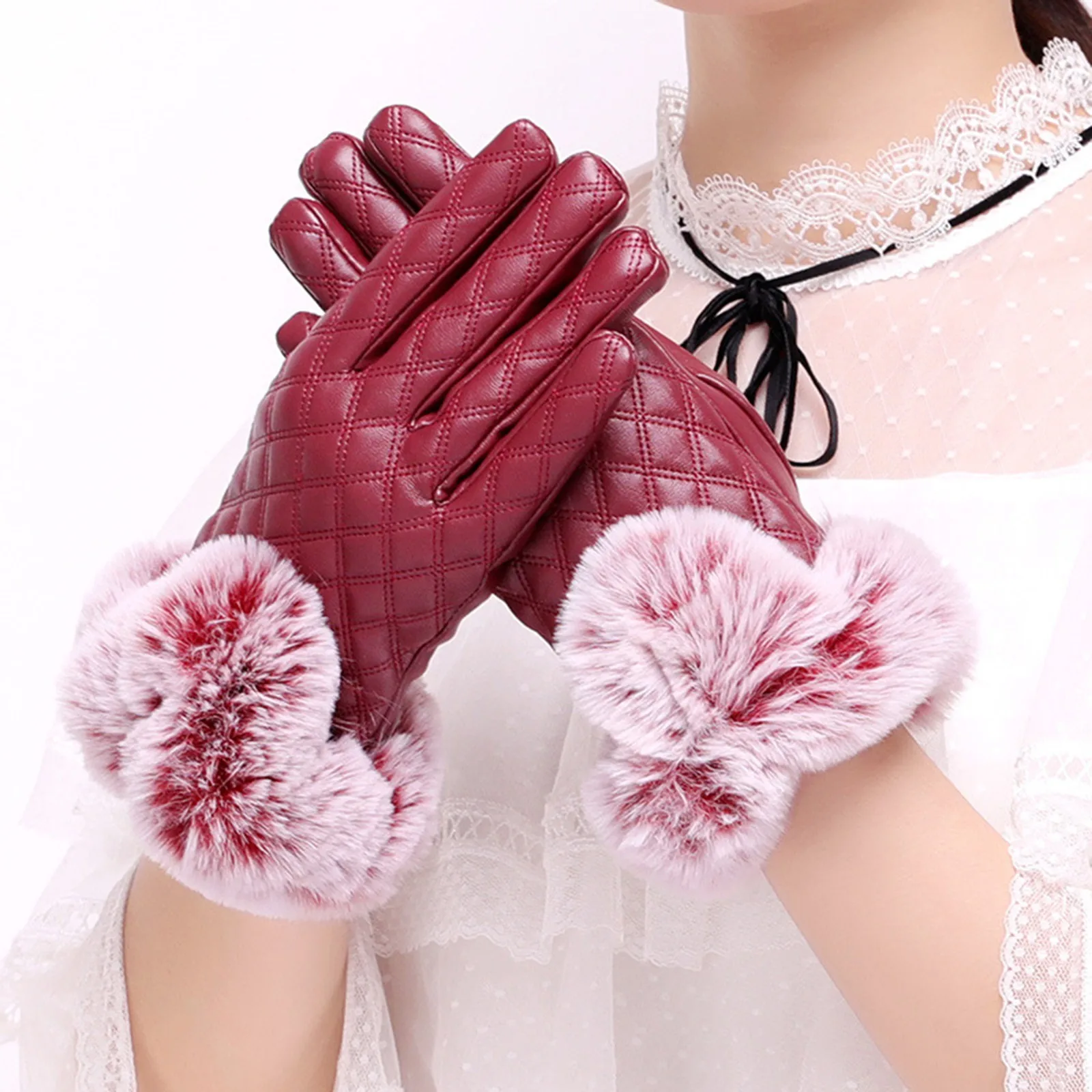 

Женские кожаные перчатки с закрытыми пальцами, утолщенные зимние теплые варежки из искусственного кролика, женские кашемировые перчатки, т...