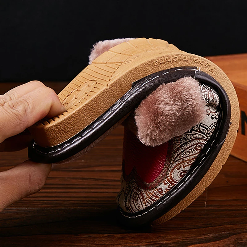 

Fur Slippers Women Fashion Embroider Woman slippers home PU Leather waterproof Warm Indoor Slippers Soft Warm House slippers