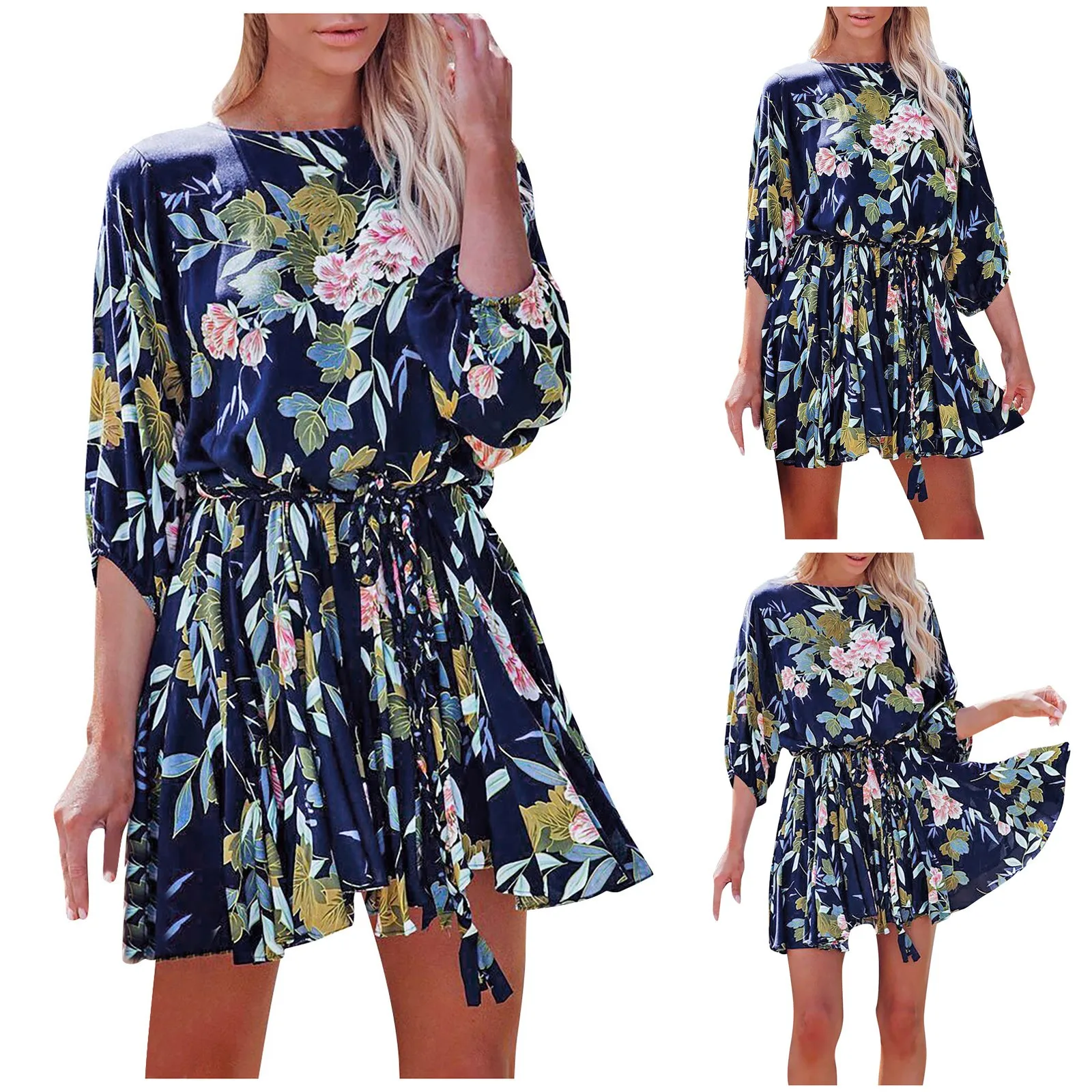 

Floral Women's Dress O-neck Lacing Half Sleeve Knee-length Shirt Dress Fresh Girly Style Casual Women Dresses Vestido De Mujer