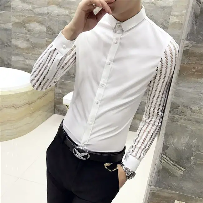 

Men Shirt Spring Hollow Lace Patchwork Long Sleeve Shirt Men Streetwear Mens Shirts Casual Slim Fit Night Club Dress Tuxedo