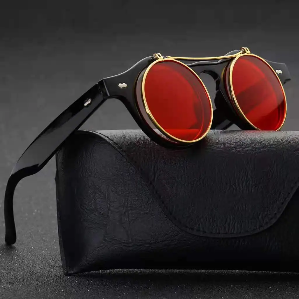 

2021 Fashion Vintage Round SteamPunk Flip Up Sunglasses Classic Double Layer Clamshell Design Sun Glasses Oculos De Sol