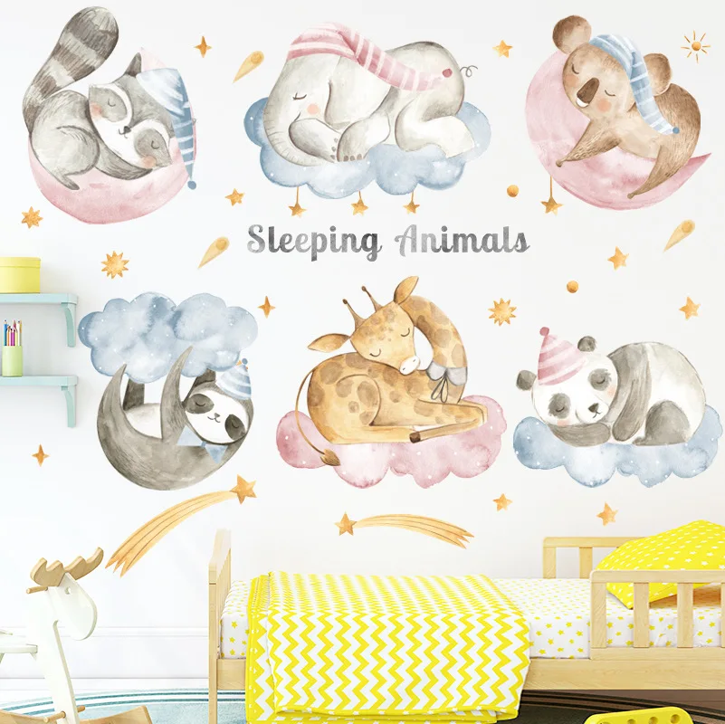 

Sleeping Animals Wall Stickers for Kids Room Home Decor Cartoon Mural Elephant Giraffe Koala Wall Decals Sticker Room Wallpaper