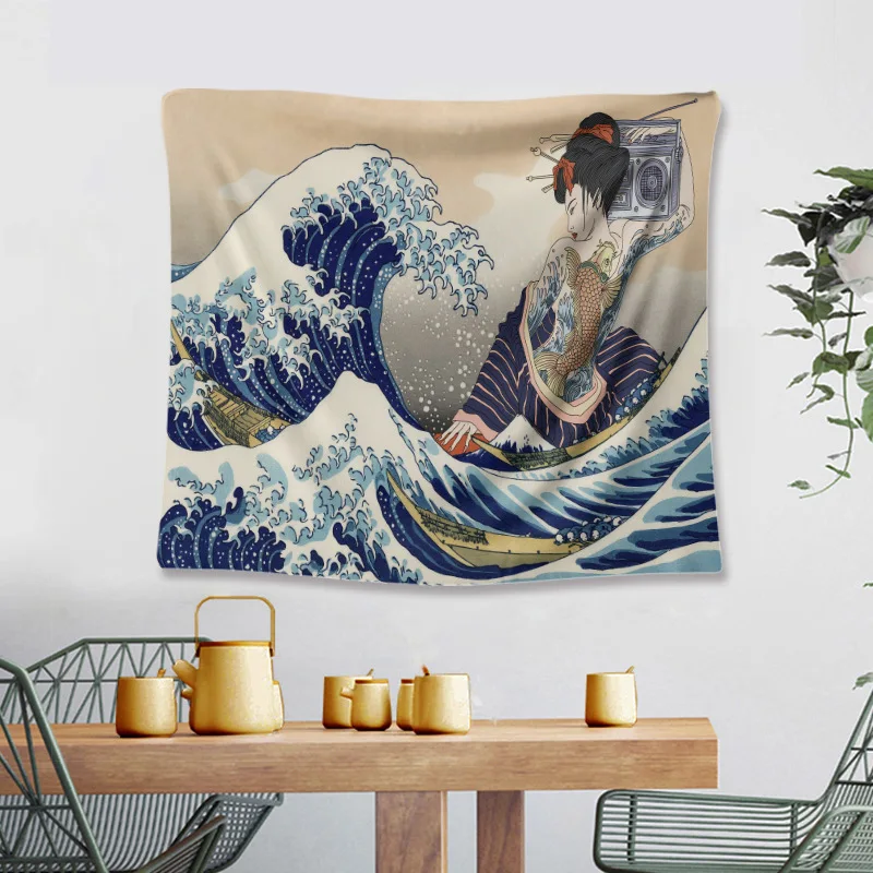 

2021 Hot Sale Room Decoration Accessories Japanese Style Wave Wall Tapestry Non-Fade Soft Fabric Tapestry for Room