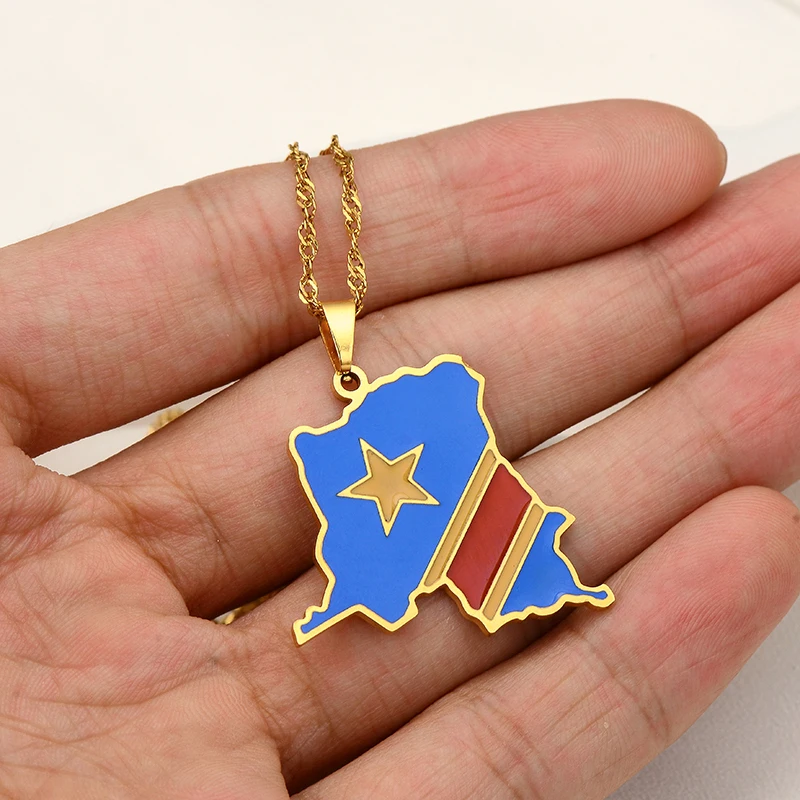 

Stainless Steel Polished Democratic Republic of Congo Map Colorful Flag Pendant Kinshasa Necklace Patriotism Accessories