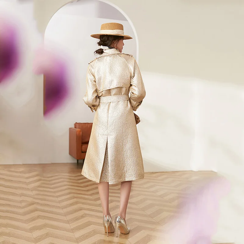 Роскошный Золотой Женский Тренч во французском стиле свободная Женская ветровка