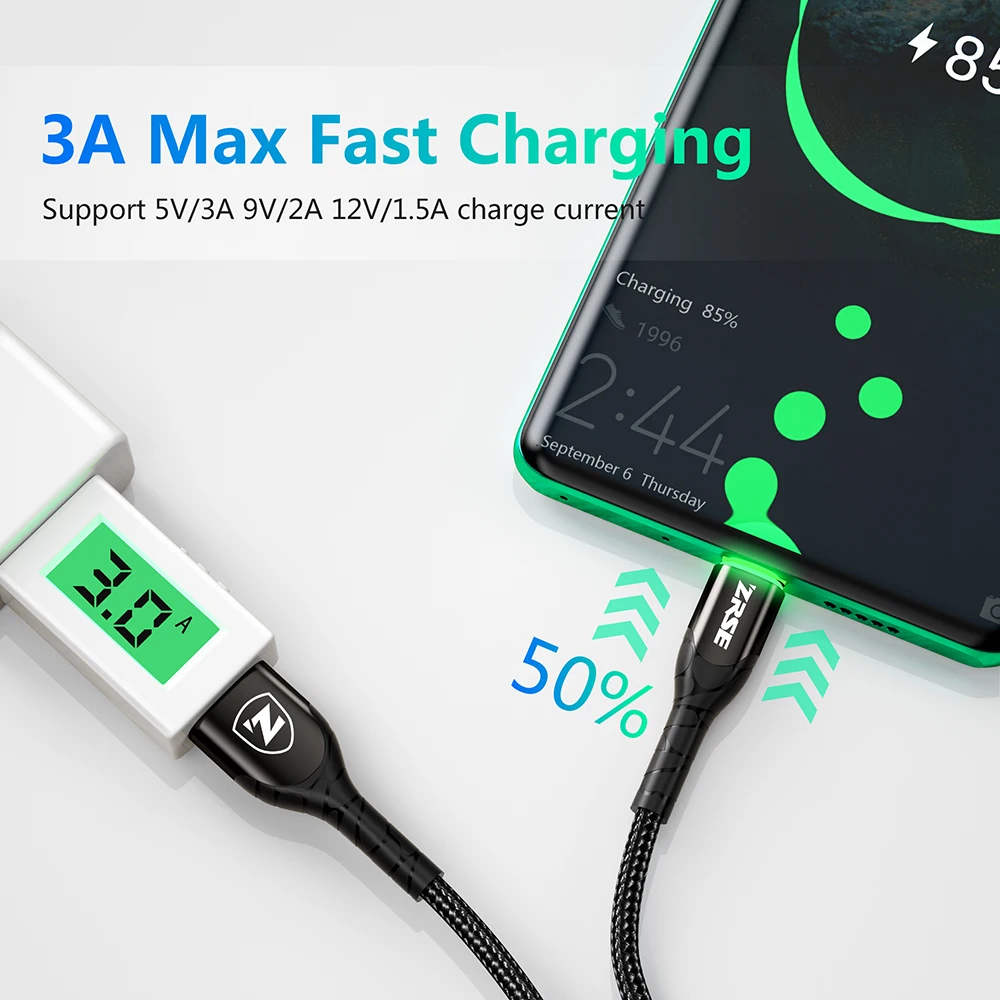 ZRSE светодиодный кабель usb type C 3M 2 м USB-C кабель передачи данных для быстрой зарядки телефона зарядное устройство Шнур для Xiaomi Redmi Note 8 7 huawei P30 Pro P20