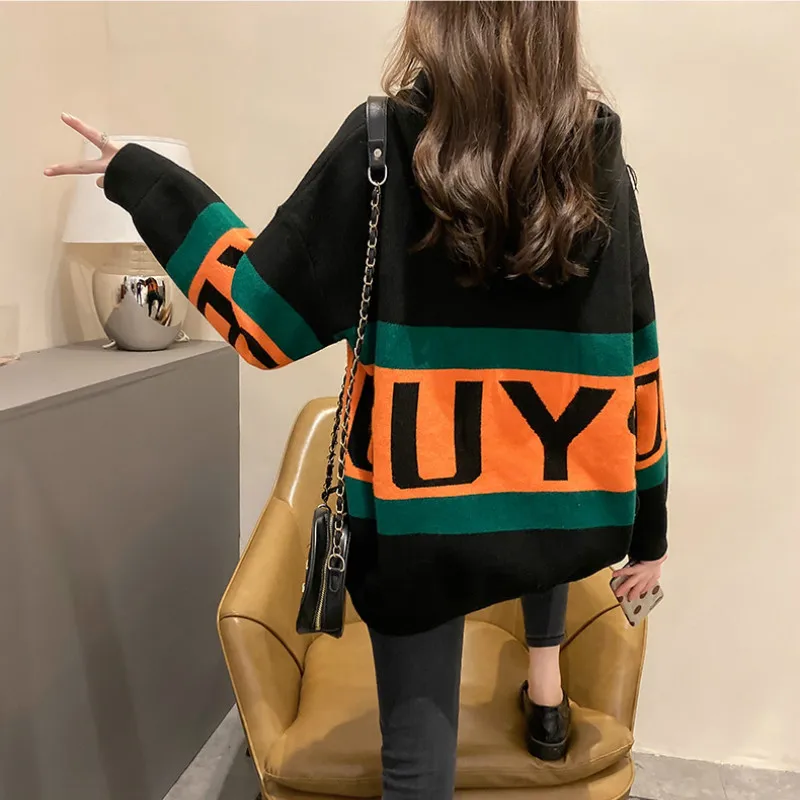 

2020 Autumn Winter Pullover Hooded Knitted Sweater Women's Streetwear Casual Wool Letter Lace Up Loose Sweaters Femme