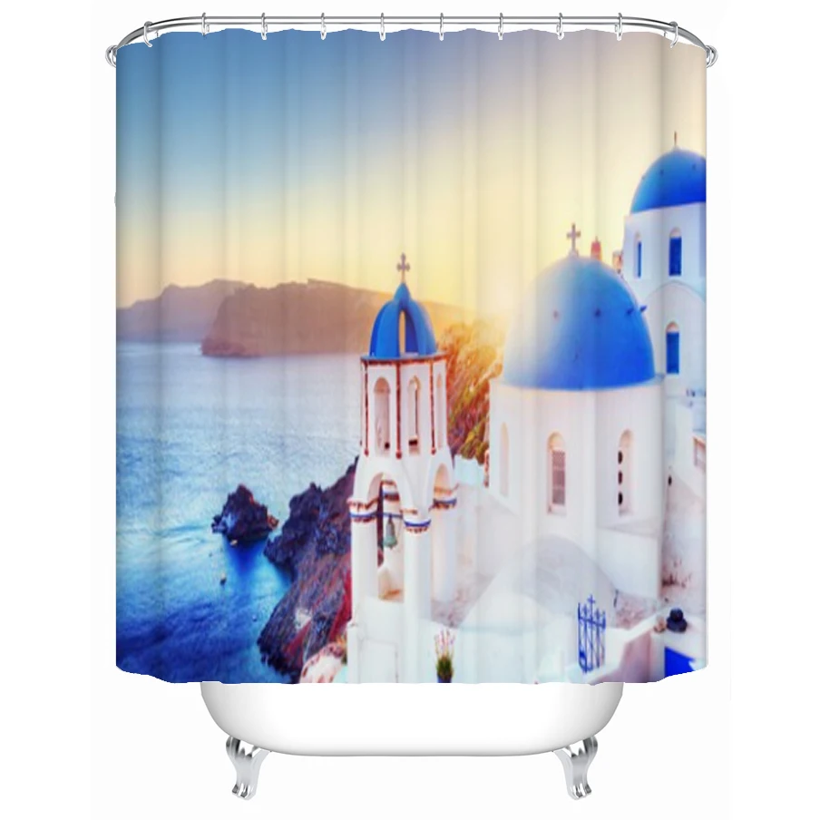 

Санторини восход солнца душ Шторы Приморский штора с изображением пейзажа Шторы Ванная комната Декор полиэстер ткань ванна Шторы с крючкам...