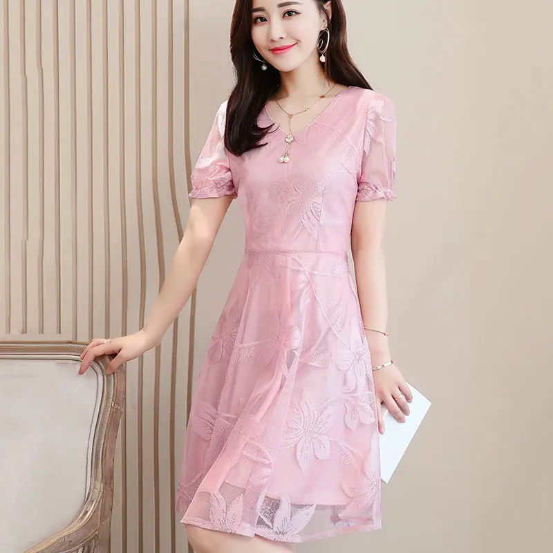 ShortPink Летнее женское кружевное мини-платье с длинным рукавом синего и розового цвета, большие размеры 5XL, новинка, богемное элегантное сексуальное Клубное платье с высокой талией, vestidos - Цвет: ShortPink