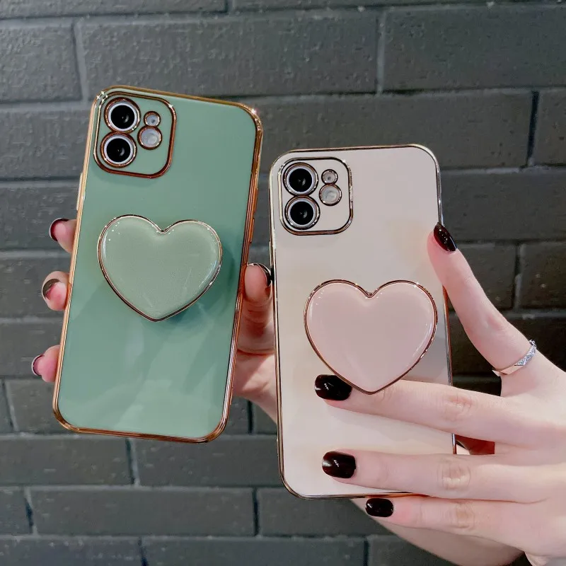 Korea Sweet Heart 3D Holder Gold Plating Phone Case For iphone 12 Pro Max MiNi 11 13 Pro X XS XR 6 S 7 8 Plus 12Pro SE Cover
