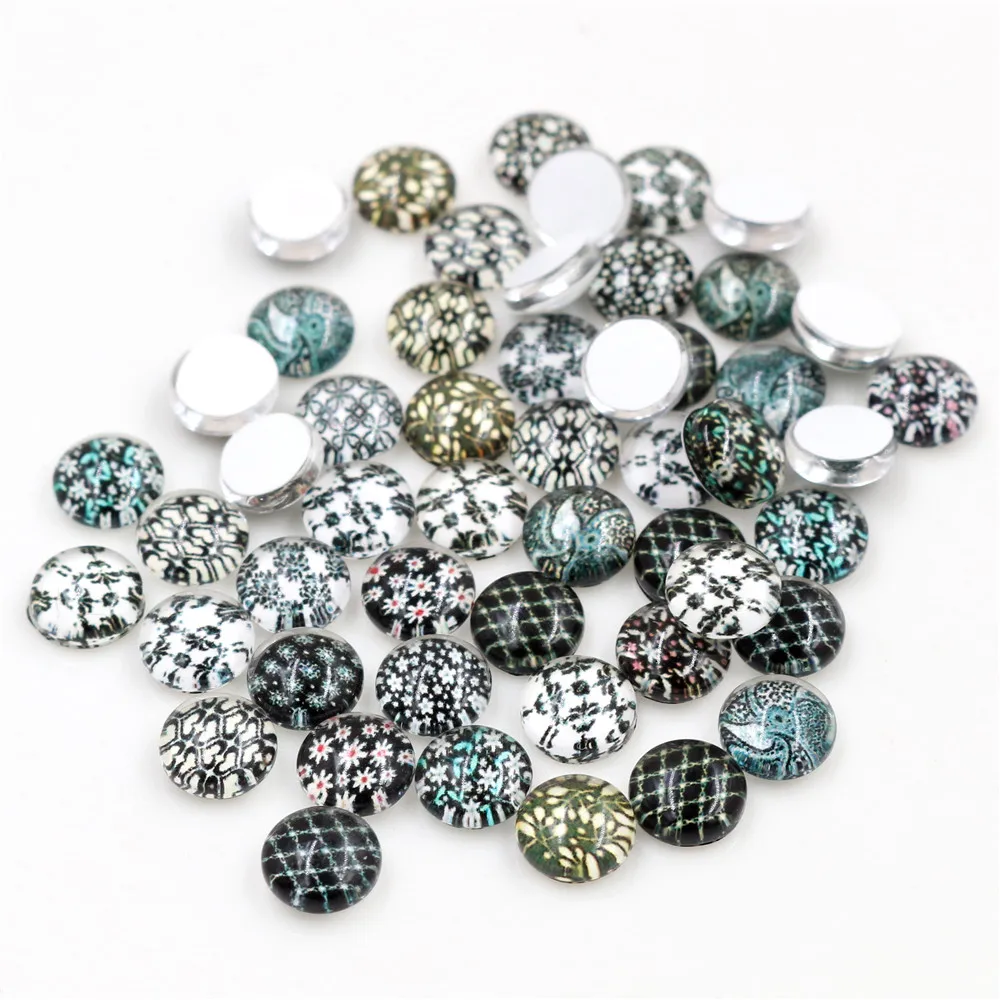 Hot Sale 50pcs 8mm and 10mm 12mm Black Flower Mixed Handmade Glass Cabochons Pattern Domed Jewelry Accessories Supplies | Украшения и