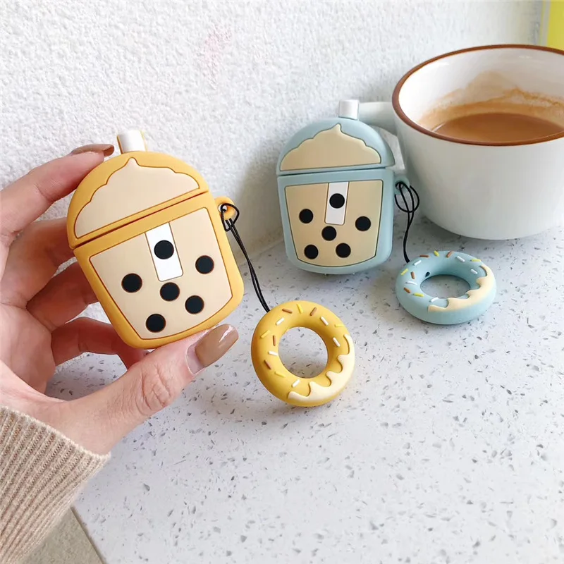 Cute Boba Headphone Case For AirPods 2 Silicone Bubble Tea Wireless Bluetooth Earphone Protective Cover With Finger Ring Strap |