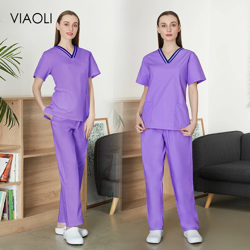 

Solid Color Scrub Suit Work Uniform Hospital Classic Doctor Female Men's Nursing Clothes Dental Scrub Uniform Nurse Work Clothes