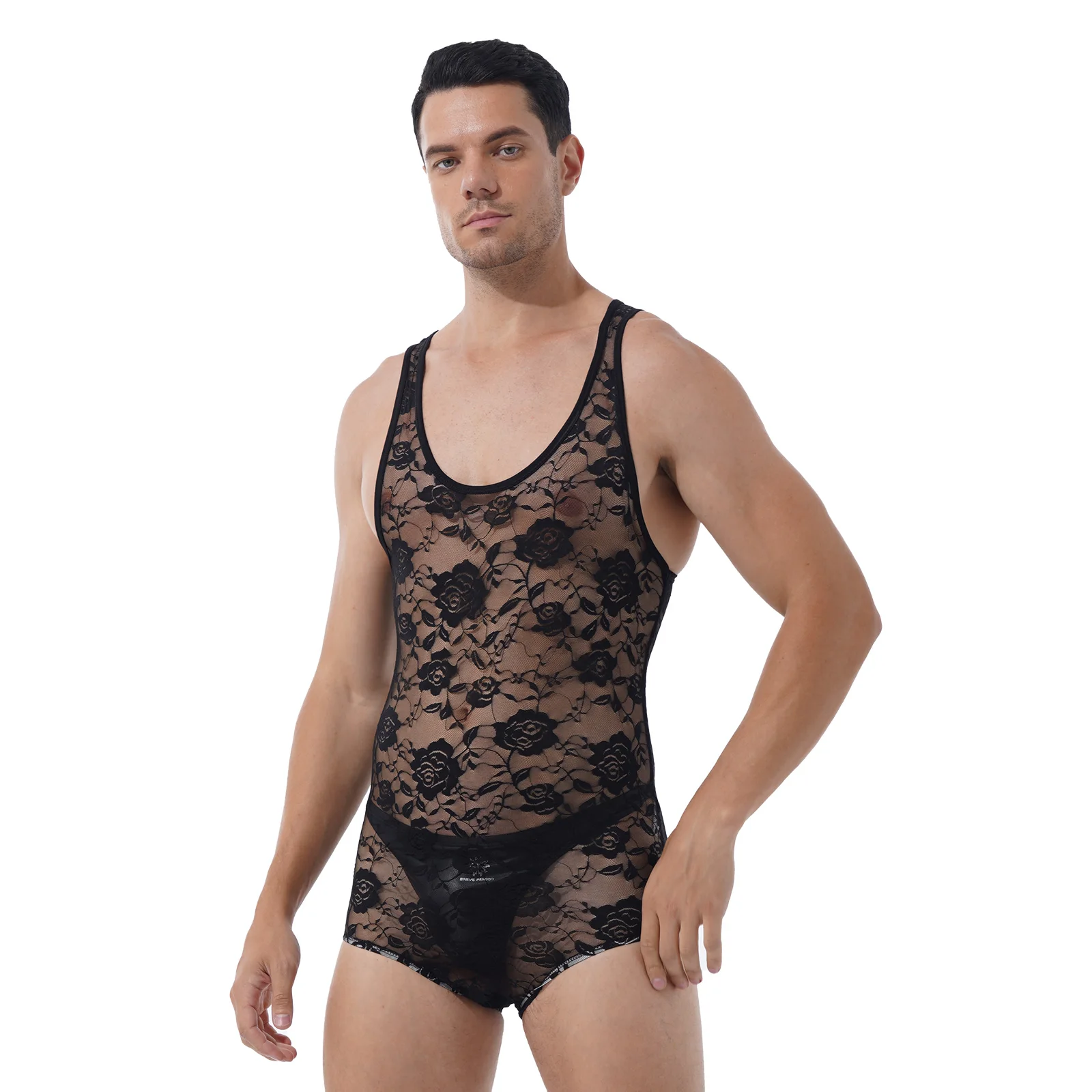 Мужское кружевное прозрачное боди с цветочным принтом Облегающий комбинезон без