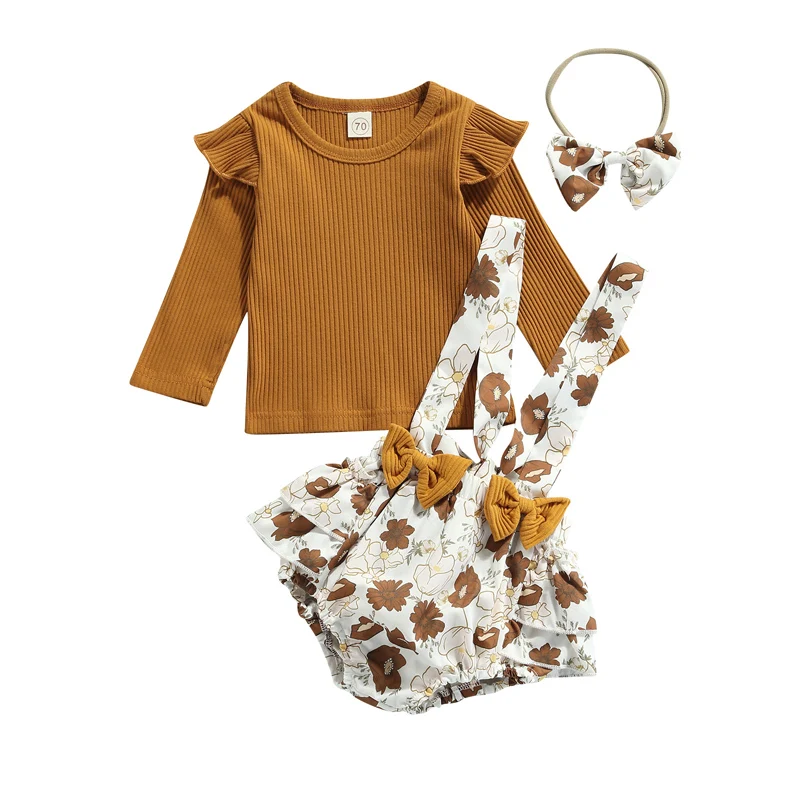 

Pudcoco 0-24M 3Pcs Baby Girls Fashion Ruffles T-Shirt Tops+Suspender Leopard Sunflower Bowknot Overalls Leotard+Headwear Sets