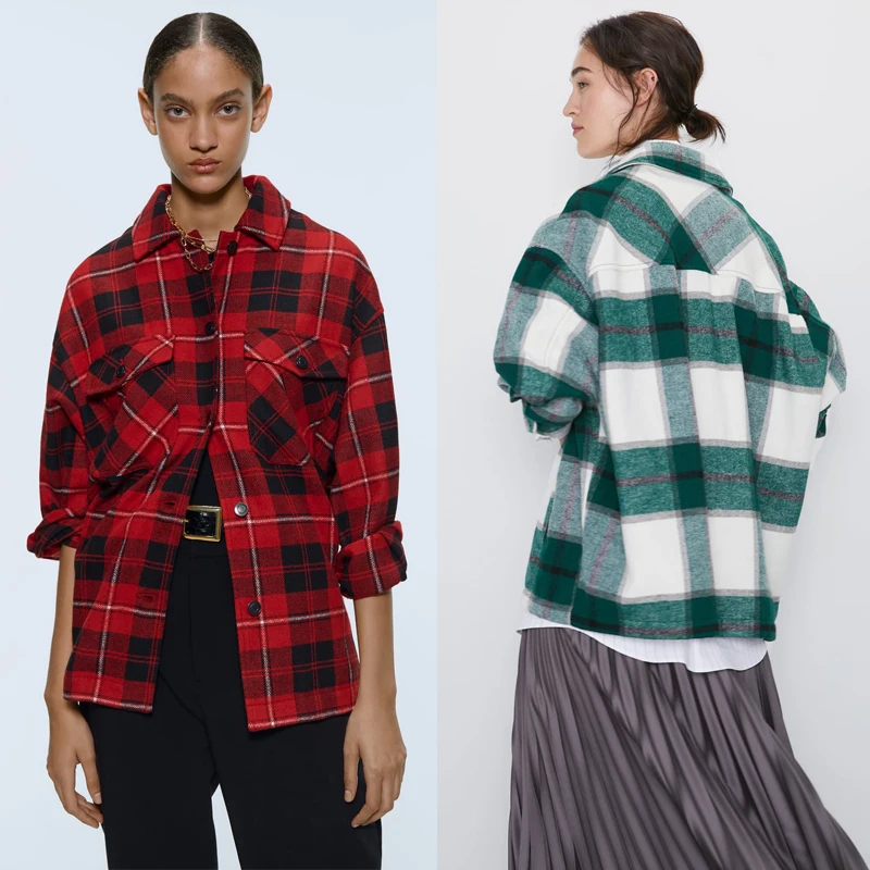 Женская клетчатая куртка ZA красная или зеленая Повседневная однобортная