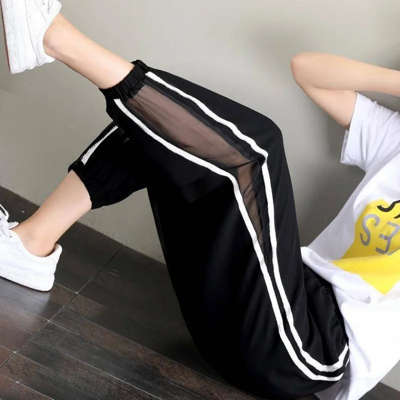 Plus Size 4xl Ankle Length Pants Joggers Women Lace Spliced Harem Solid Black Harajuku Streetwear Elastic High Waist | Женская одежда