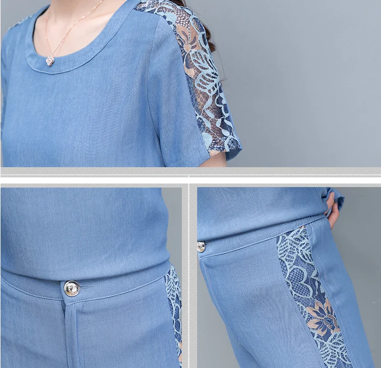 

Lace blue denim suit outfits for women pants 2020 summer new fashion casual slightly fat pendant-feeling wide leg two-piece suit