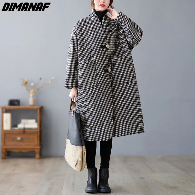 

Женская парка в клетку DIMANAF, длинная хлопковая куртка в винтажном стиле, свободная верхняя одежда для осени и зимы