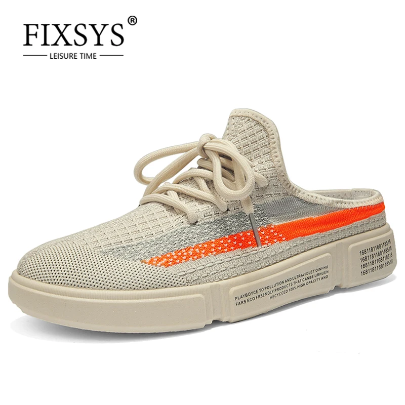 

FIXSYS Summer Mens Flying Weaving Shoes Lightweight Breathable Half Loafers Mesh Slip-on Sneakers Fashion Man Mules Casual Shoes