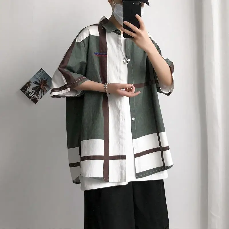 

2021 Summer Plaid Short Sleeve Shirt Men's Loose Casual Versatile Shirt