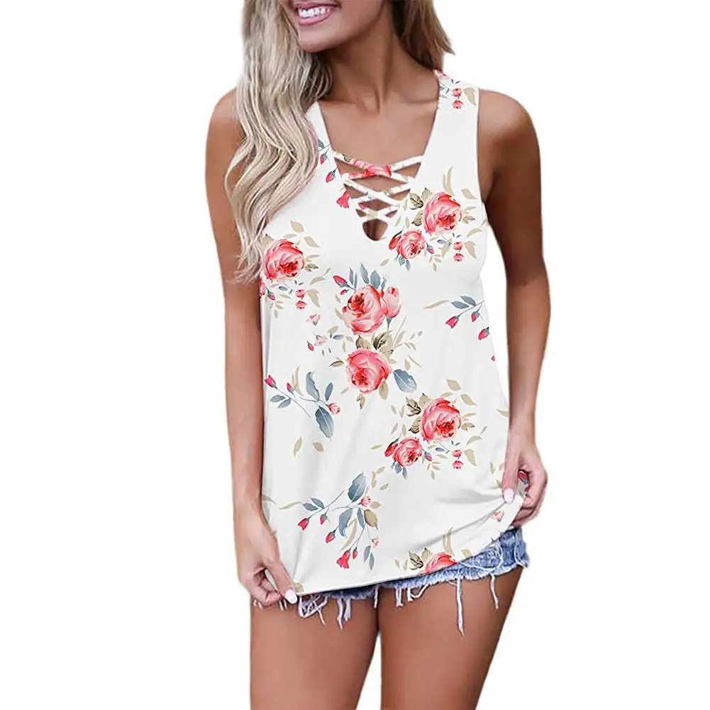 Женский топ без рукавов с цветочным принтом на шнуровке v образным вырезом