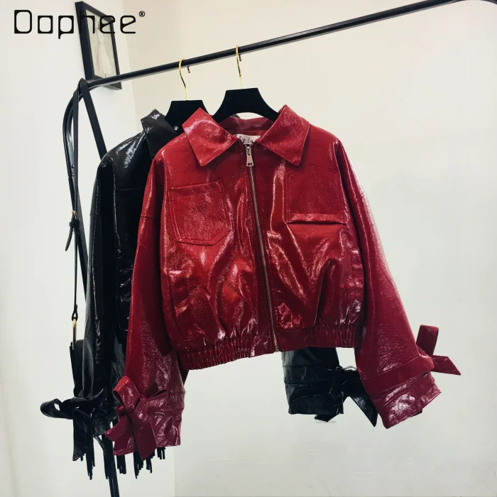 

2021 Autumn New Korean Style Short Motorcycle Small Leather Coat Women's Loose Pu Jacket Red Slimming Casual Leather Jacket