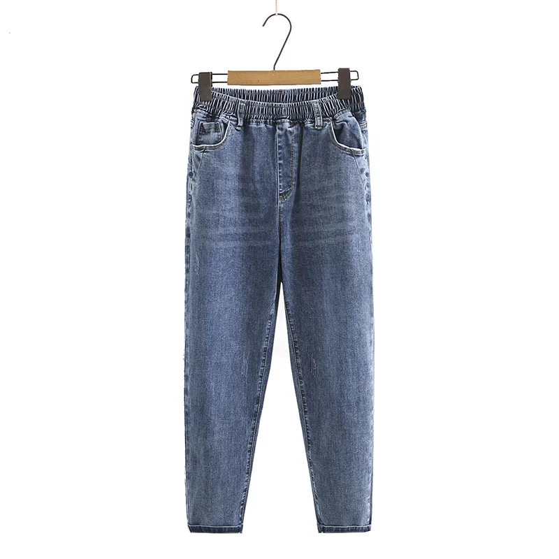 

Women Jeans 2021 Spring Plus Size Pencil Pants Casual Female Denim Trousers Simple Wash Elastic Waist Stretch Plus Size Bottoms