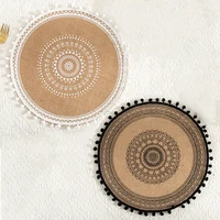 2 pcs linen non slip heat insulation table mat lace placemat set round natural woven tableware mats dining decorative tools