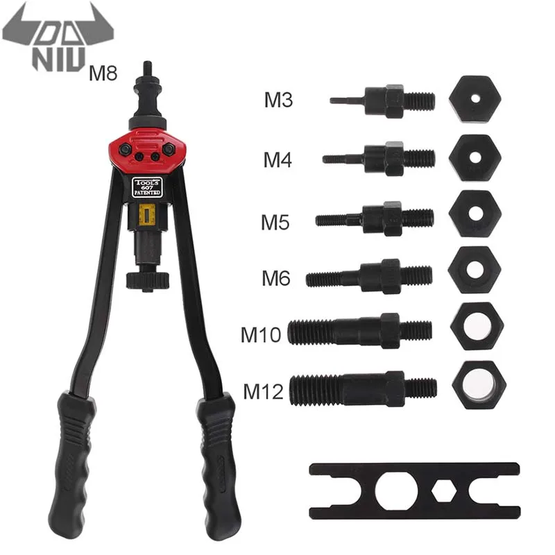 

DANIU B-BT607 Black Nut Gun M3-M12 Riveter Tool Set Riveting Kit Rivet Nutsert Insert Accessories Manual Riveter Riveting Tool