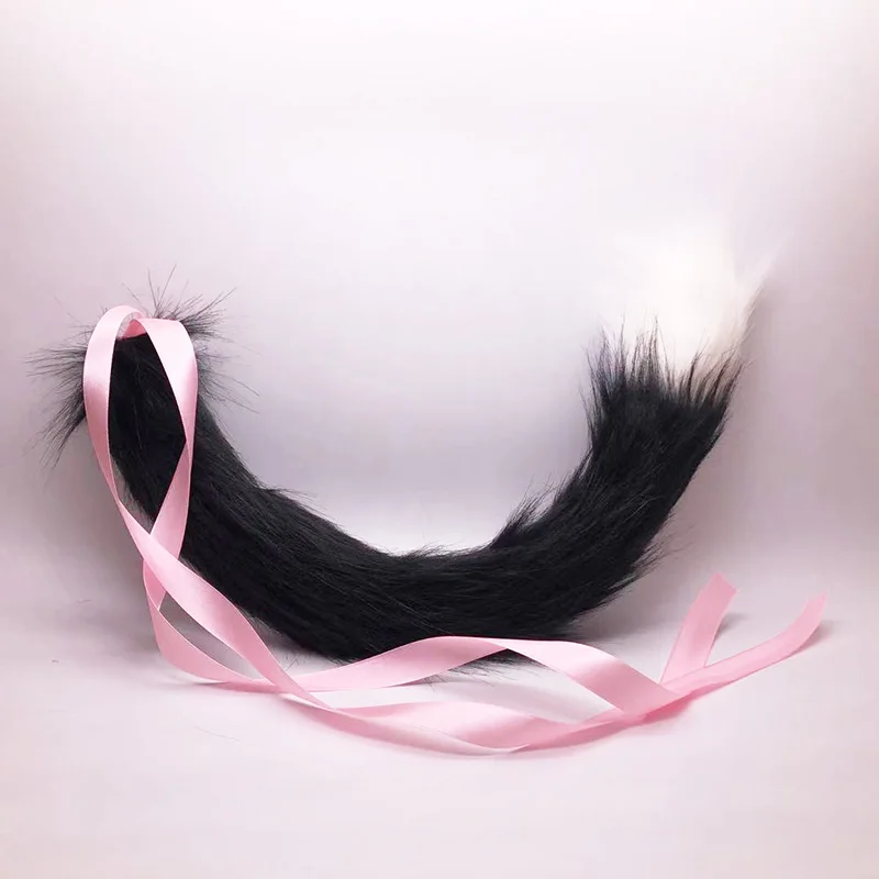 Tail 55cm Длинный черный и белый плюшевый хвост анимационный Косплей Лисий кот хвост реквизит - Цвет: Tail 55cm