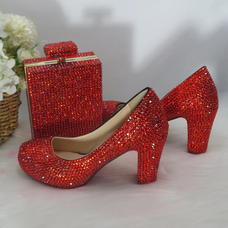 

2021 Red 9CM Chunky Heel Crystal Wedding Shoes Pumps Platform CParty Dress Bride Shoe And Bag Set Large Size