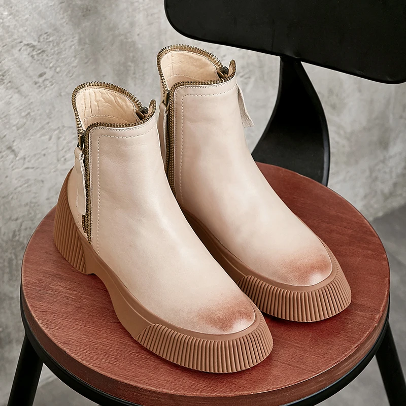 

Women's genuine leather platform flats ankle boots double zip female autumn warm plush short booties high quality shoes women