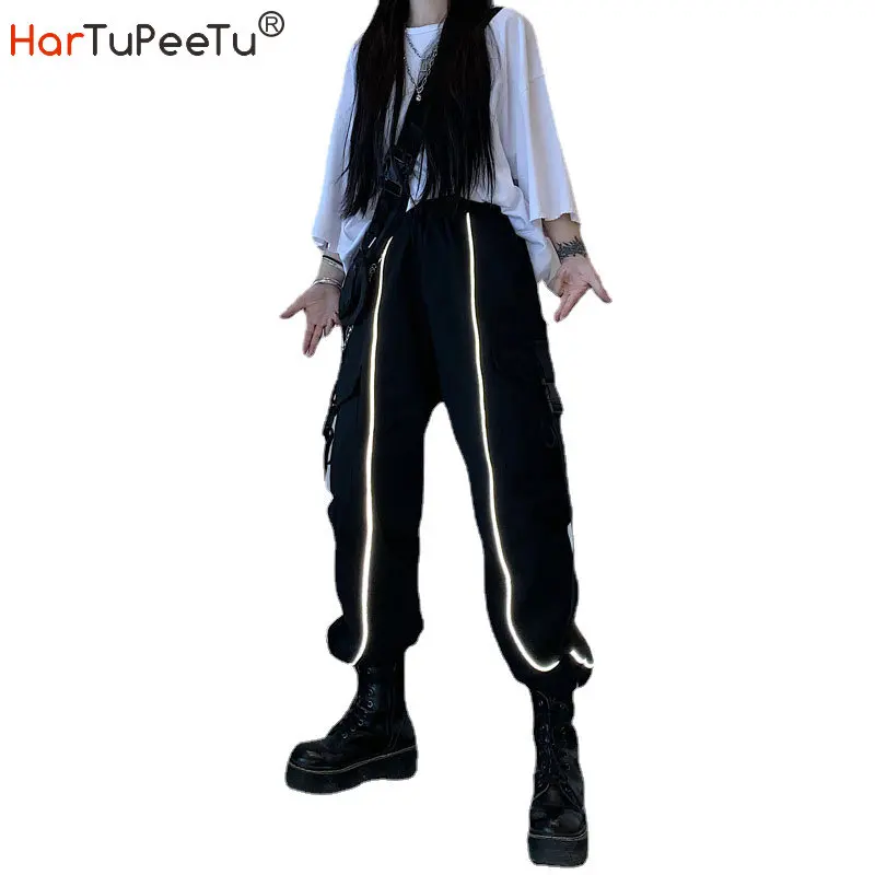 

Women High Waisted Cargo Pants Black with Chain Pockets Hip Hop Reflective Striped Unisex Casual Loose Dance Combat Trousers