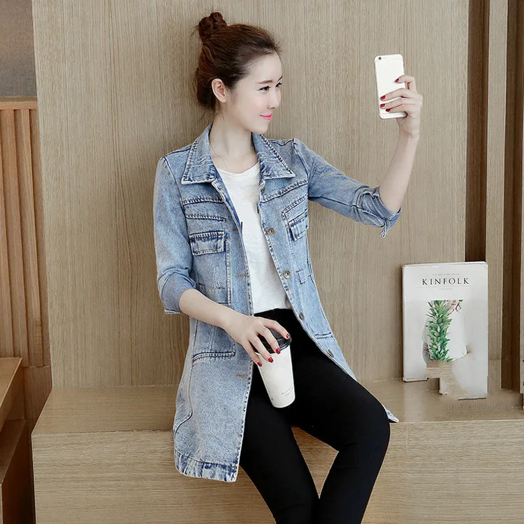 Женская модная женская куртка Весенняя длинная тонкая джинсовая с длинным