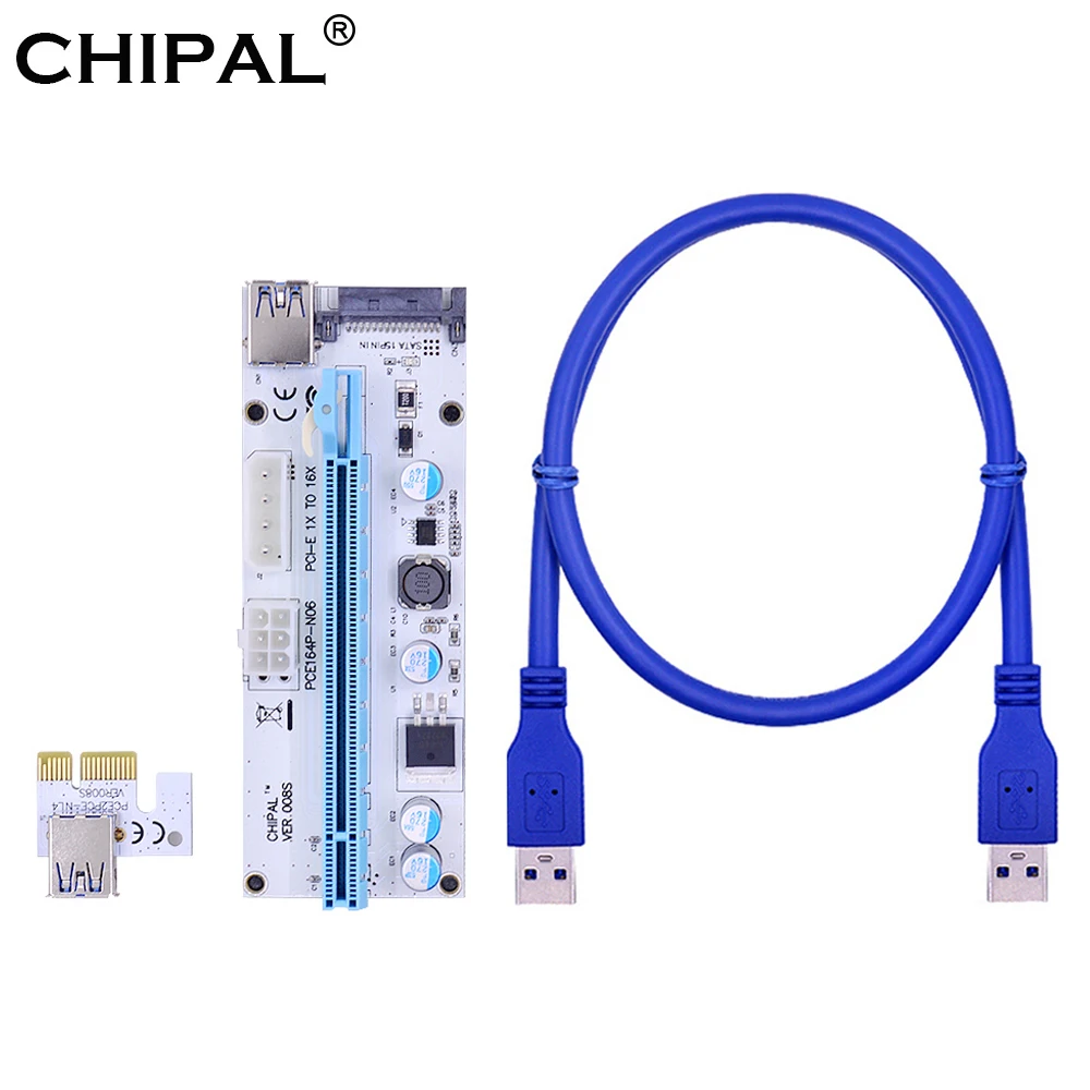 CHIPAL 10 шт. синий VER008S 008S 8S 60 см PCI-E 1X до 16X Райзер-карта 008 PCIE с 4pin 6pin SATA Power для