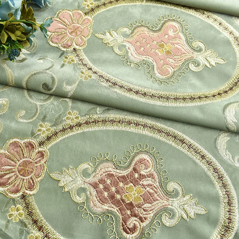 

European Style Curtains for Living Dining Room Bedroom Simple Embroidery High-end Green Curtains Finished Product Customization