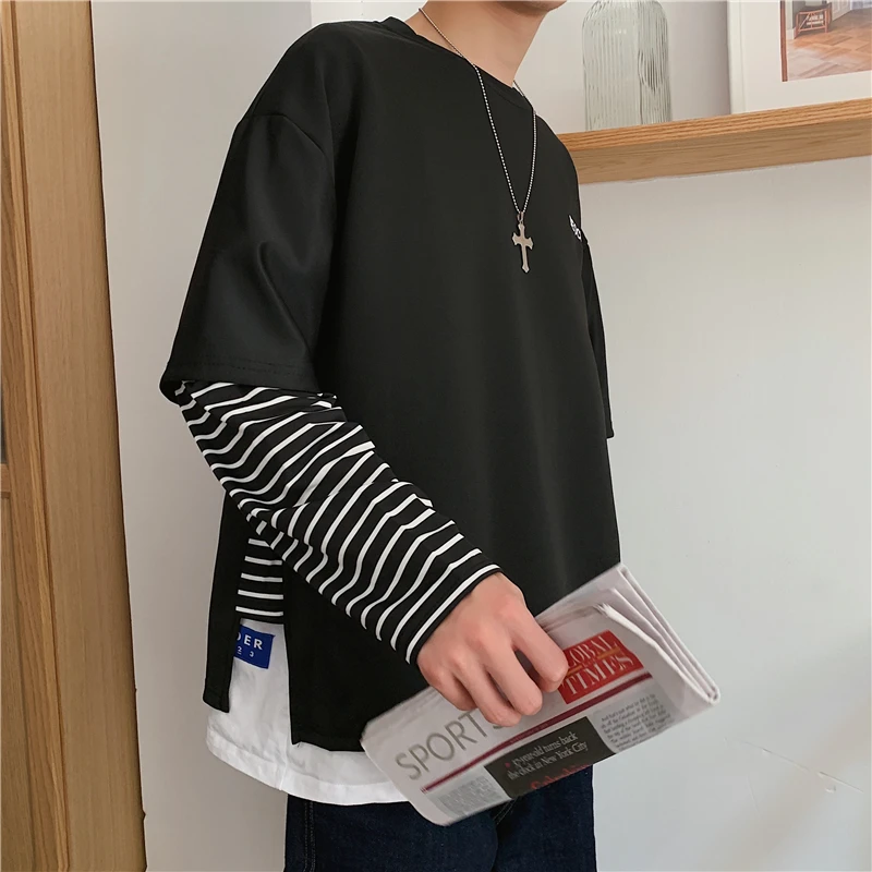 

Spring And Autumn Men's Fake Two-piece Casual T-shirt Korean Fashion Loose Harajuku Streetwear Long-sleeved T-shirt Men's