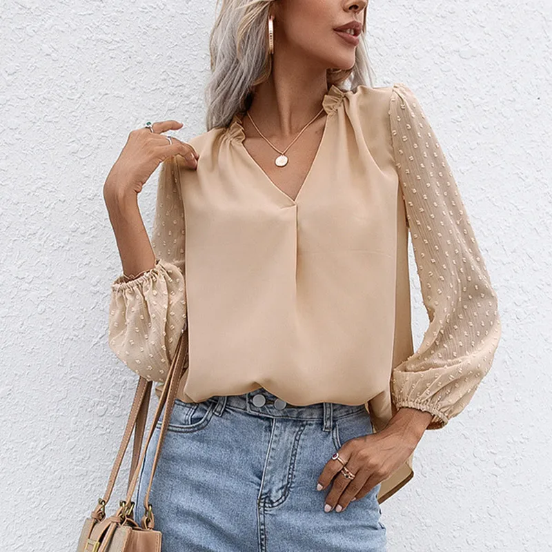 Summer Patchwork Puff Long Sleeve Women Blouse Sexy V-neck White Loose Female Blouses 2021 Autumn Fashion Elegant New Lady Tops