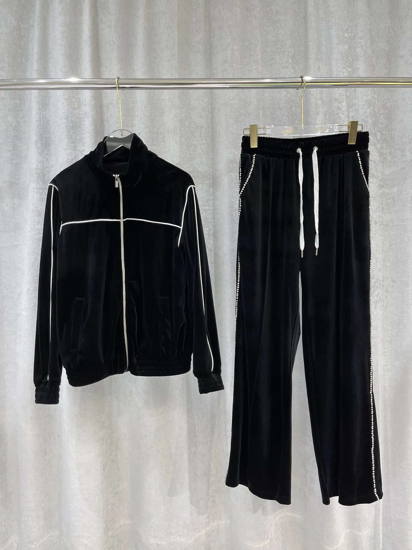 

Новинка Осень-зима 2021 бархатная куртка стразы на молнии Брюки Повседневная одежда для женщин