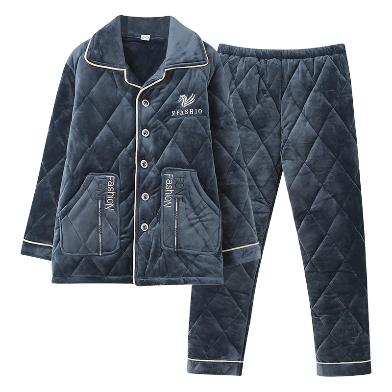 Winter Clip Cotton Pajamas For Men Warm Thick Sleepwear Suit Long Sleeve Cardigan 3XL Pyjamas Male Lounge Homewear